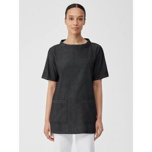 Eileen Fisher Small Airy Organic‎ Cotton Twill Mock Neck Long Top in Gray Boho